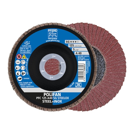 5 X 7/8 A.H. POLIFAN® Flap Disc - A SG STEELOX, Aluminum Oxide, 40 Grit, Conical